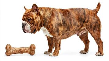 bulldog stands proudly on clean white background focused on chewing bone. dog's texture and colors vividly capture its essence in hyper realistic manner photo