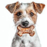 Parson Russell Terrier is seen enthusiastically chewing bone showcasing its playful character and vibrant fur all set against clean white backdrop photo