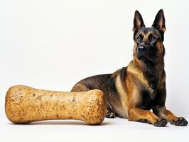 Belgian Malinois is lying on its side focused on chewing large bone. clean white background highlights dog's features and texture of bone photo