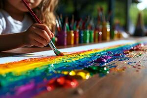 Hispanic child creates colorful rainbow on canvas while taking part in outdoor art class. Natural sunlight brightens scene highlighting joy of artistic expression photo