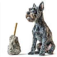 Kerry Blue Terrier is engaged in chewing bone while sitting patiently on clean white backdrop. dog's fur shows distinct curls and attentive expression highlighting its breed traits photo