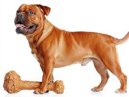 Bullmastiff stands proudly while chewing on large bone. animal's muscular build and shiny coat are highlighted against clean white backdrop showcasing its playful demeanor photo