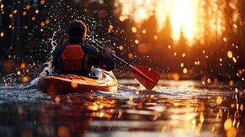 African American kayaker skillfully maneuvers through turbulent whitewater rapids showcasing determination and adventure while droplets of water glisten in sunlight photo
