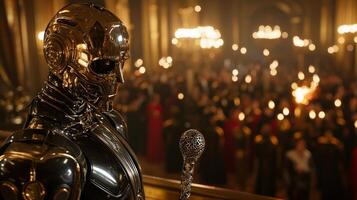 robot clad in tuxedo stands on balcony overlooking vibrant medieval ball illuminated torchlight. dance floor is alive elegantly dressed attendees enjoying festivities photo