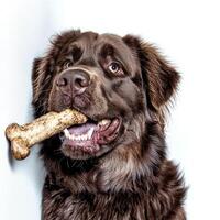 side view of Newfoundland dog joyfully chewing on large bone against bright white background. dog's fur appears soft and well groomed photo
