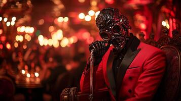 robot dressed in sleek tuxedo watches lively medieval ball from balcony. dance floor is aglow torchlight and candelabras creating vibrant atmosphere for event photo