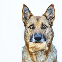 Canaan Dog is seen from side happily chewing on bone against clean white background. Its detailed fur and playful expression highlight its character and breed photo