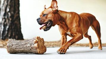 Boxer dog is enthusiastically chewing on bone. energetic dog captures attention its playful demeanor on clean white surface showcasing its strength and joy photo