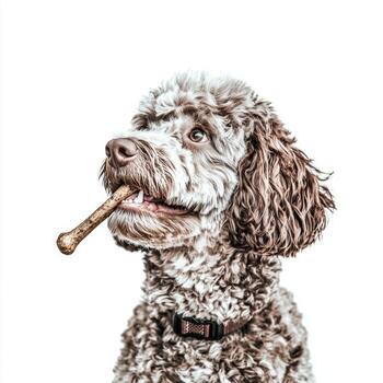 Lagotto Romagnolo is happily chewing on bone showcasing its curly fur and playful expression against bright clean background reflecting its joyful nature photo