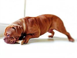 Dogue de Bordeaux is happily chewing on bone showcasing its strong jaw and playful nature. clean white background emphasizes dog's rich color and details photo