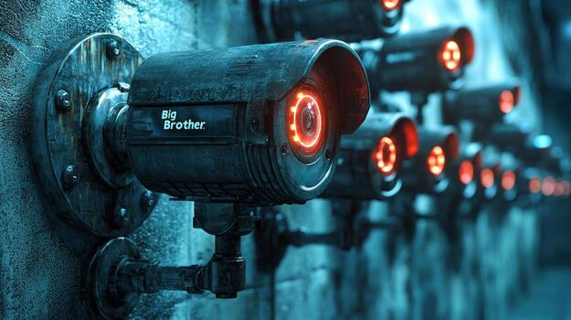 Rows of identical surveillance cameras dominate futuristic wall each featuring glowing lenses and digital displays emphasizing chilling presence of constant monitoring photo