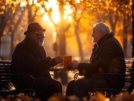 elderly gay couple sits closely on park bench during golden hour smiling each other while holding hands amidst backdrop of autumn leaves in warm sunlight photo