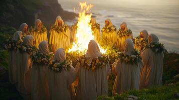 Robed figures gather around roaring bonfire celebrating springtime pagan ritual. Their attire is adorned flowers and greenery creating mystical ambiance twilight photo