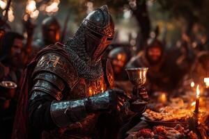 robot elegantly dressed in tuxedo shares joyful toast medieval knight both laughing amidst lavish feast illuminated warm torchlight and surrounded richly set tables photo