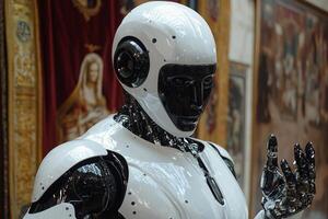 robot in stylish tailcoat tuxedo spins noblewoman gracefully during waltz. elegant backdrop features rich velvet curtains and intricate medieval tapestries photo