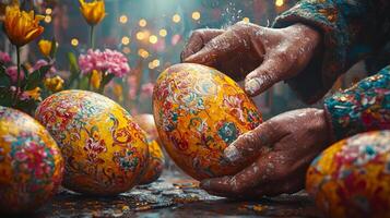 Delicate hands focus on painting vibrant patterns on eggs while colorful flowers bloom nearby and soft sunlight filters in through old rustic window photo