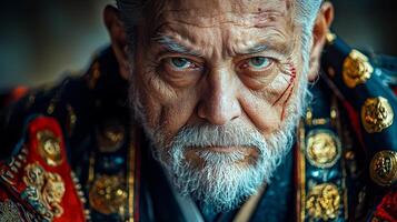 Samurai displays intricate armor and intense eyes filled determination. Subtle facial scars reveal history of battles while warm colors enhance atmosphere of honor and resilience photo