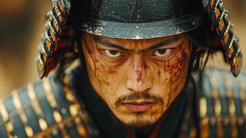 Close up portrays samurai warrior in detailed armor highlighting intense eyes and subtle scars. warm gradient background amplifies their sense of honor and determination photo