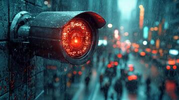 In futuristic city square sleek surveillance camera monitors multiple subjects amidst rain and holographic data. Its lens glows ominously red enhancing unsettling atmosphere photo