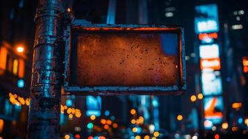 In dystopian cityscape sleek surveillance camera emits holographic warnings about constant monitoring reflecting city's bright artificial lights. atmosphere radiates unease and control photo