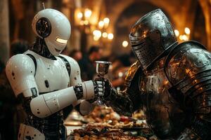 robot in tuxedo and medieval knight clink their chalices together in laughter. festive banquet loaded food and drink fills table behind them surrounded warm torchlight photo