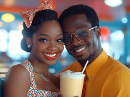 delightful close up shows teenage African American couple sharing milkshake in retro diner. Their joyful smiles and playful expressions are illuminated vibrant neon colors photo