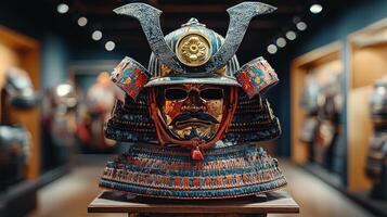 artistic rendering features samurai kabuto helmet showcased on ornate wooden stand. minimalist backdrop emphasizes helmet's detailed craftsmanship and rich colors photo