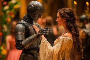 robot in tuxedo spins noblewoman during waltz in grand ballroom adorned rich velvet curtains and medieval tapestries showcasing unique blend of technology and elegance photo
