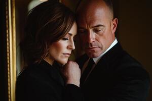 middle aged transgender couple stands in front of mirror in cozy warmly lit room. One partner tenderly adjusts other's tie showcasing moment of intimacy and love photo