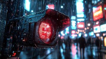 Surrounded holographic data projections sleek surveillance camera emits glowing red light while monitoring busy city square filled people and neon lights in rain photo