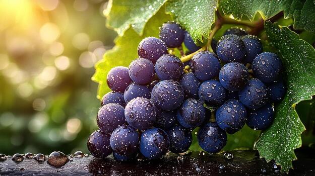 cluster of ripe grapes hangs from vine their dark purple skins adorned dew drops. Soft sunlight filters through leaves creating serene backdrop in lush vineyard photo