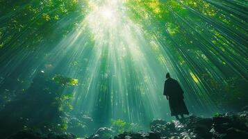 In tranquil bamboo forest samurai strolls quietly hand resting on hilt of katana. Sunlight streams through bamboo casting intricate patterns on ground photo