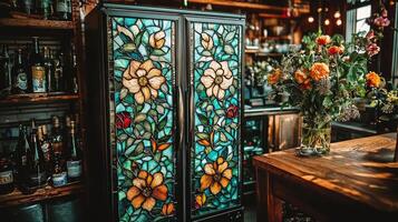 Intricate stained glass panels adorn refrigerator revealing array of fresh vegetables and herbs while flowers add touch of nature luxurious kitchen atmosphere photo