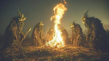 twilight sky robed figures perform springtime pagan ritual roaring bonfire. Their attire is adorned flowers and greenery illuminated flickering firelight photo