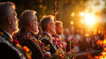 In twilight setting robed figures gather roaring bonfire engaged in vibrant springtime pagan ritual adorned flowers and greenery. Their ceremonial tools glow in firelight photo