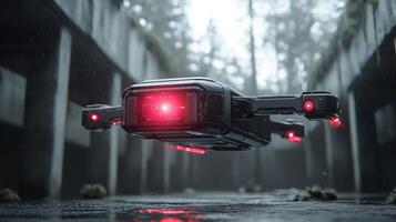 drone like surveillance camera hovers over empty urban street scanning area glowing red lens. Holographic data projections enhance its monitoring capabilities amidst desolation photo