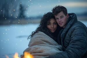 young interracial couple sits close together wrapped in shared blanket glowing bonfire. soft flames illuminate their faces as they gaze into each other's eyes starry sky photo
