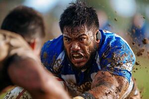 determined Hispanic rugby player prosthetic arm fiercely tackles opponent on muddy field during exciting match dirt flying and intense expressions all around photo