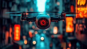 high tech drone like surveillance camera hovers silently above empty urban street its red lens scanning surroundings while holographic data projections illuminate area photo