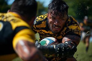 Hispanic rugby player prosthetic arm engages in fierce tackle against opponent. Dirt clouds grassy field as both players display intense determination photo