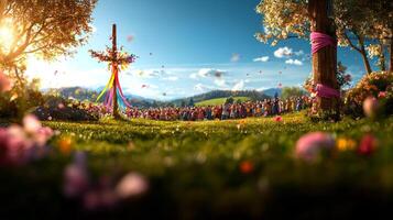Joyful festival marks spring equinox as people dance around maypole adorned ribbons in meadow filled vibrant flowers and warm sunshine photo