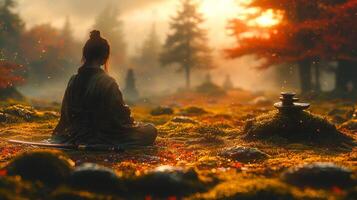 Serenity envelops samurai in meditation kneeling quietly katana placed in front. Zen garden's raked sand and moss covered stones glow softly sunset photo
