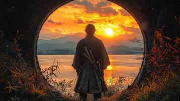 samurai stands guard gates of grand Japanese castle during sunset. warm glow reflects off surrounding water highlighting beauty of pagoda rooftops against sky photo