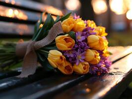bouquet of yellow tulips and purple hyacinths rests on rustic wooden bench. Natural outdoor lighting highlights vibrant colors creating warm and inviting atmosphere photo