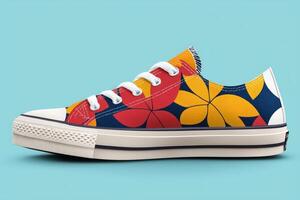 Showcasing close up shot of customizable sneakers featuring bright patterns on fabric and clean design ideal for showcasing unique styles and personalization options photo
