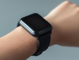 Close up shot showcases smartwatch mockup customizable display resting on wrist against clean grey background emphasizing modern design and functionality photo