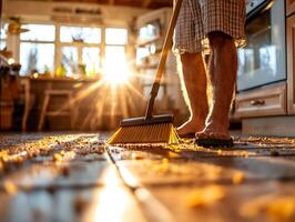 Crumbs are being swept from tiled kitchen floor broom and dustpan. Soft shadows are created evening light coming through windows enhancing clean workspace photo