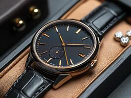 close up display features sleek wristwatch customizable dial elegantly positioned on leather tray alongside shining cufflinks highlighting sophisticated design and style photo