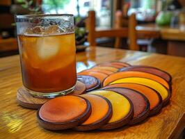 Set of vibrant abstract coasters is displayed on wooden coffee table next refreshing glass of iced tea creating cozy atmosphere in cafe setting photo