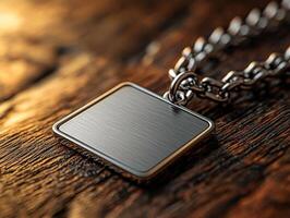 Close up shot reveals keychain featuring flat design and blank engraving area. It elegantly rests on polished wooden surface showcasing its sleek finish photo